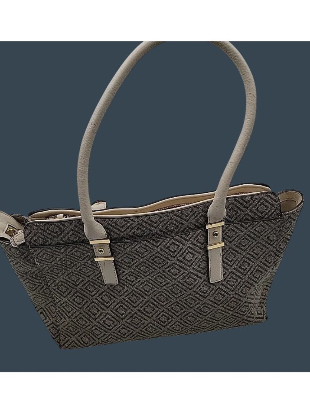 VintageLiz Claiborne Geometric Satchel Tote Bag Cream Taupe Canvas Faux Leather - Picture 12 of 16